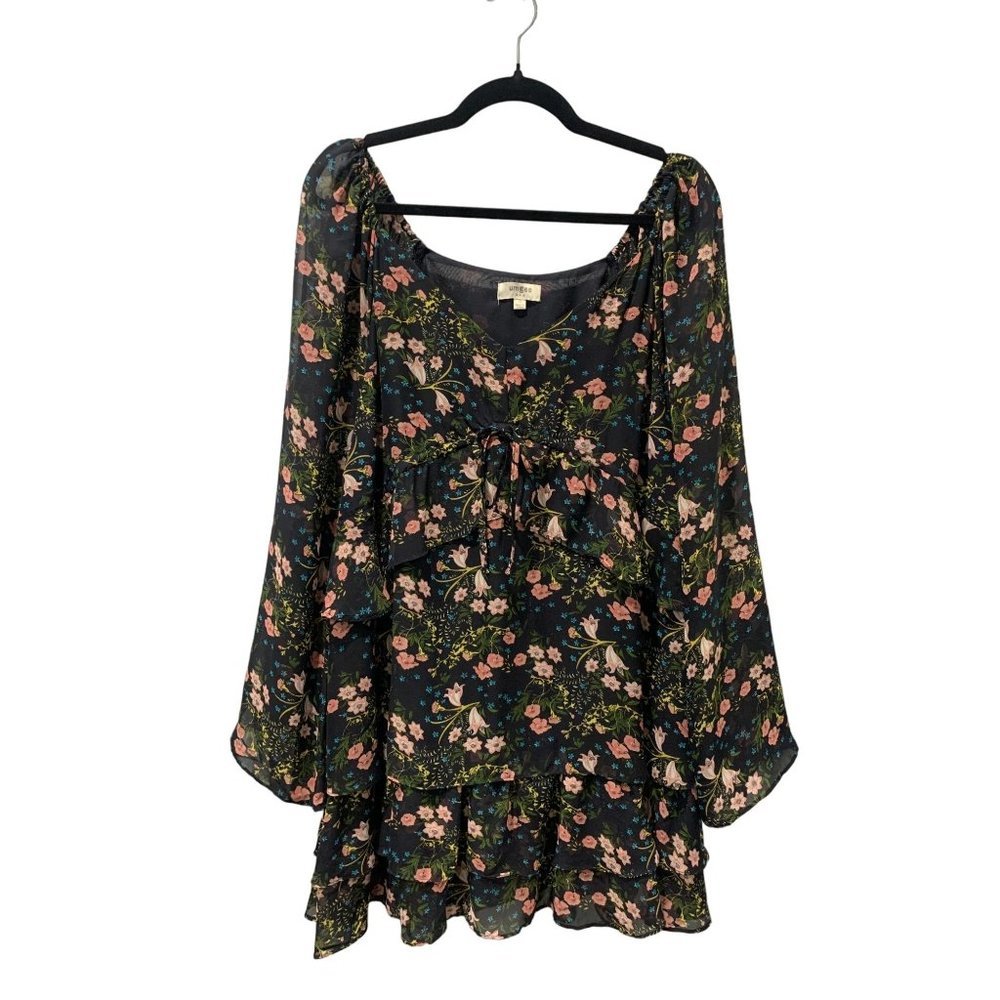 Umgee Floral Dress Sz S Black Chiffon Pink Florals Layered Drawstring A-line
